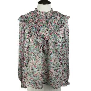 Boden Floral Ruffle-Neck Blouse in Cream, Pink, Green, Blue